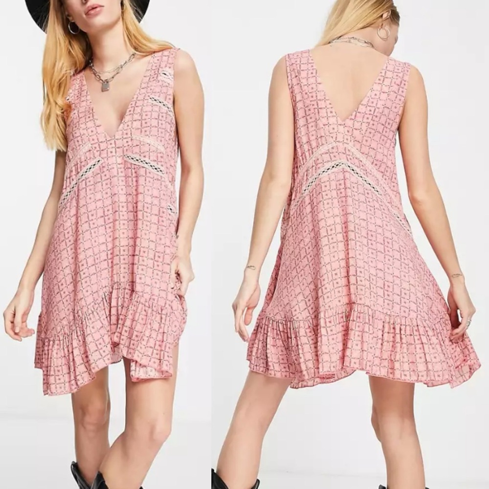 FP Intimates “Let It Happen” Mini Slip Dress- light pink combo- XS